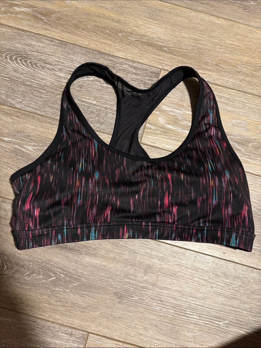 Racerback Sports Bra in Black with Pink & Teal Accents EUC
